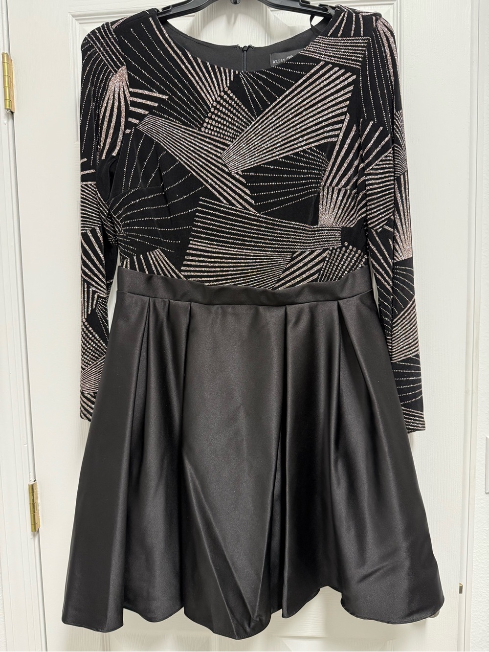 Betsy & Adam Black Evening Dress with Rose Gold Geometric Top
